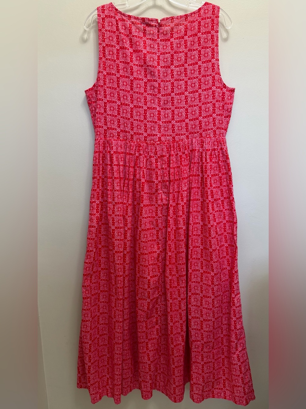 J. Crew NWT Smocked Boat Neck Midi Dress Pockets Sleeveless Red Print Size L NEW - Picture 3 of 10